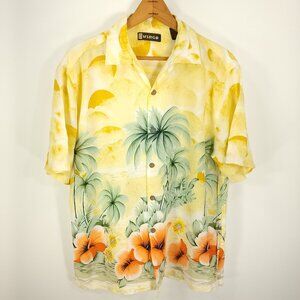 Vtg Wingo Hawaiian Button Front Shirt Men's Large Yellow Orange Hibiscus Floral